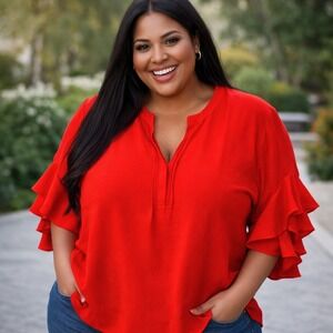 Vince Camuto Orange Ruffle Sleeve Popover Blouse Top Size Size 3X Party Artsy‎